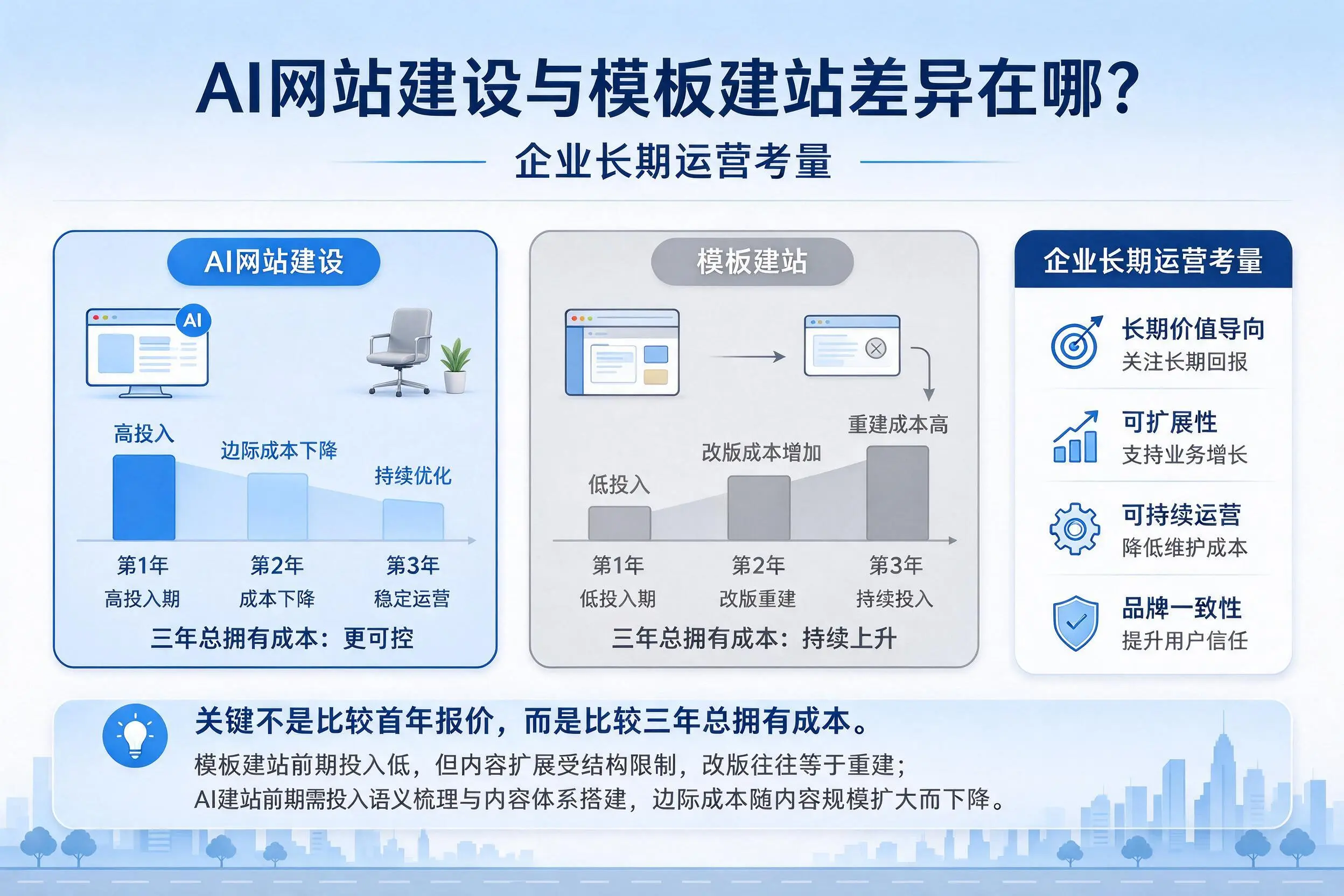 AI网站建设与模板建站差异在哪？河源企业长期运营考量
